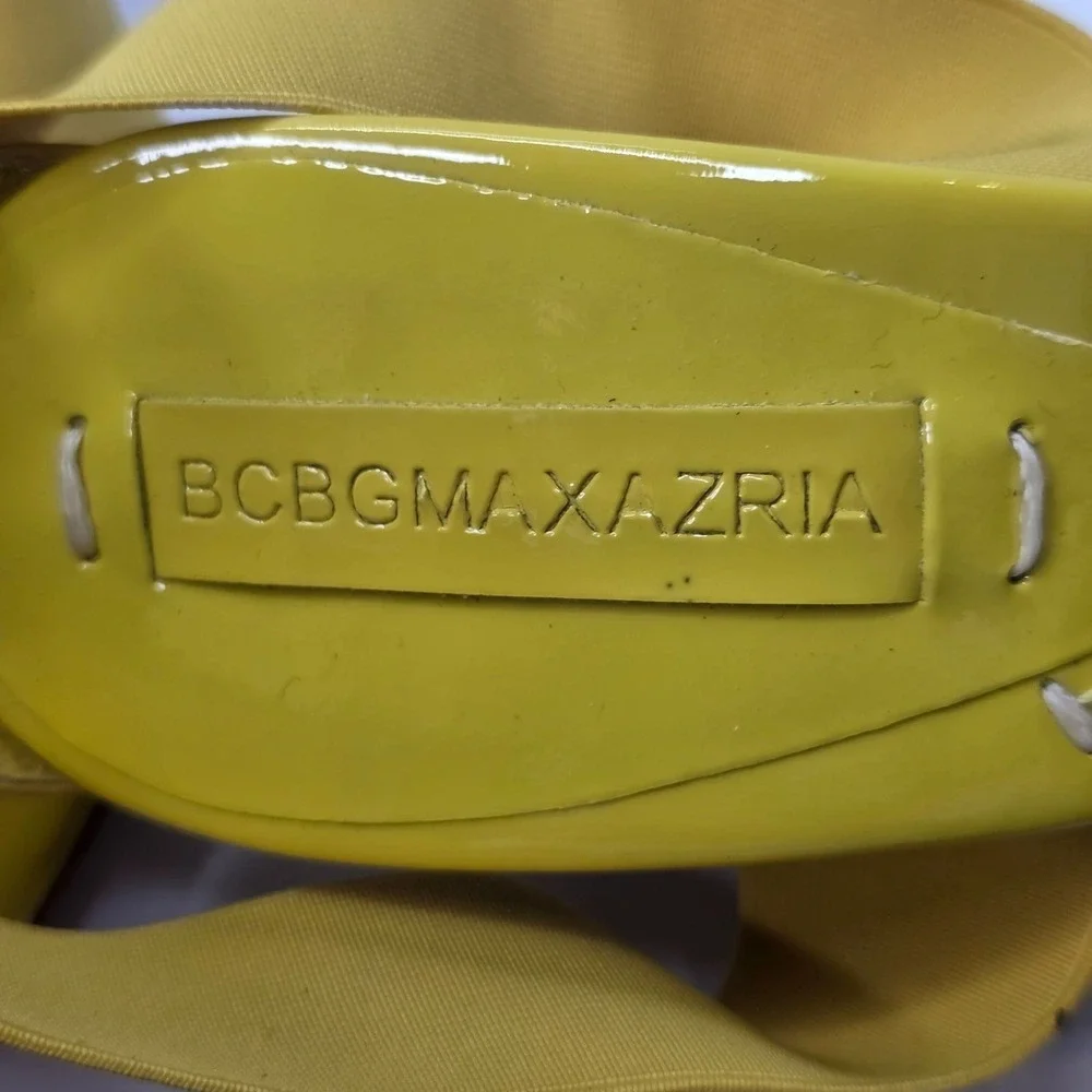 BCBGMAXAZRIA Women's Wedge Heel Size 6 B EU 36 Yellow Strappy Slip On Sandals